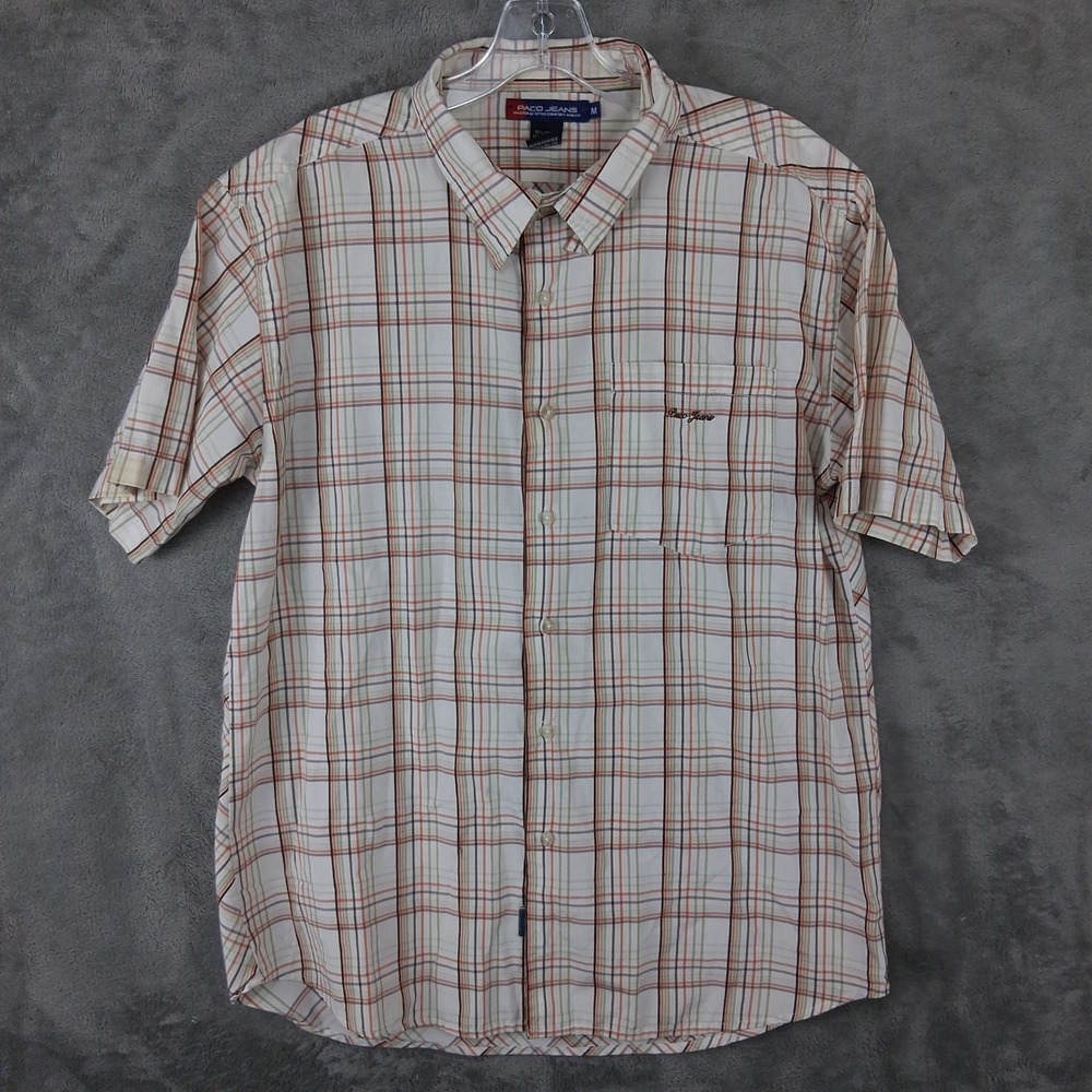 VTG Paco Jeans Mens Plaid Short Sleeve Button Up Shirt Cream Orange Size M